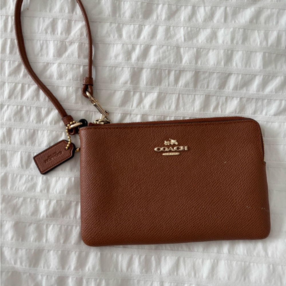 Coach Leather Wristlet in Chestnut Brown with Gold Hardware